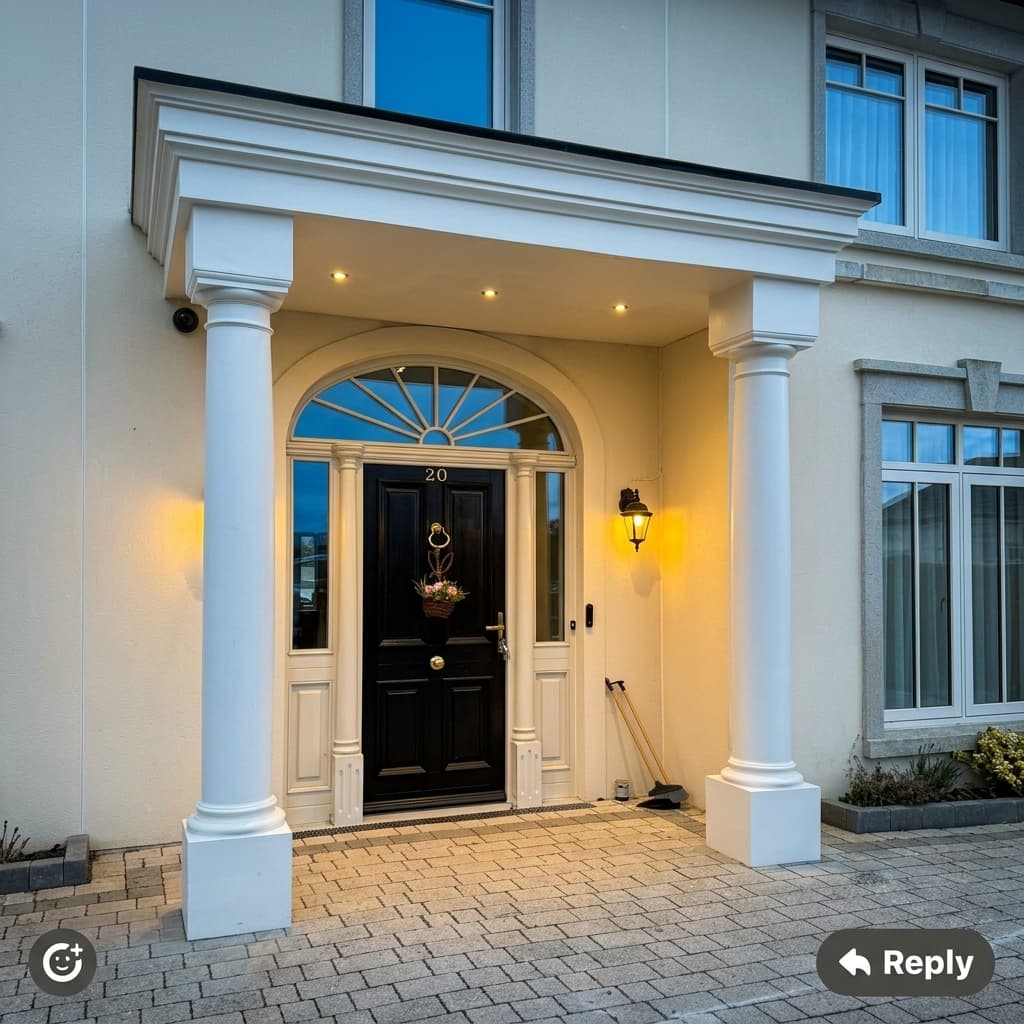 Grand portico canopy with round columns and arched fanlight illuminated at evening