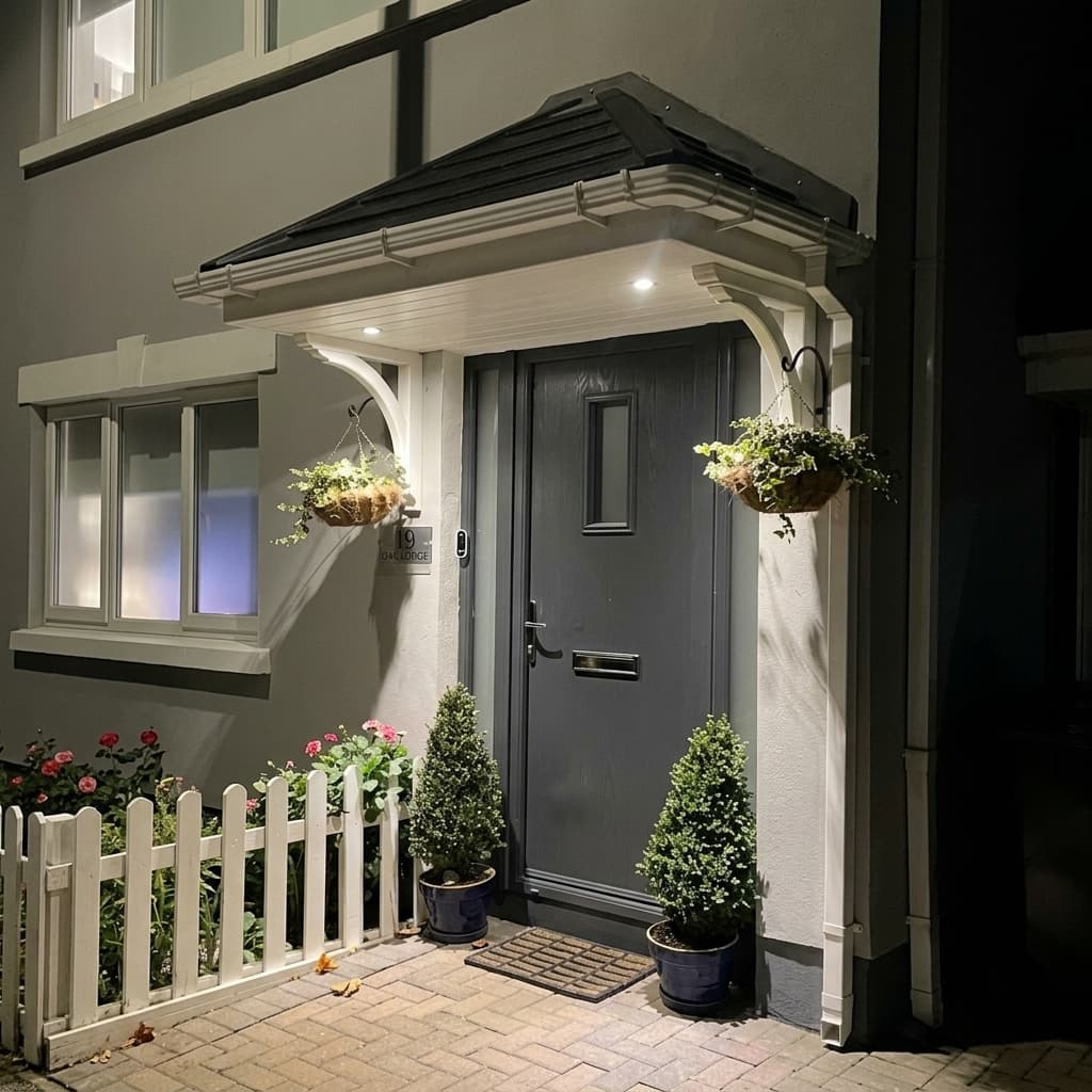 Hipped door canopy at night with hanging baskets and topiary plants