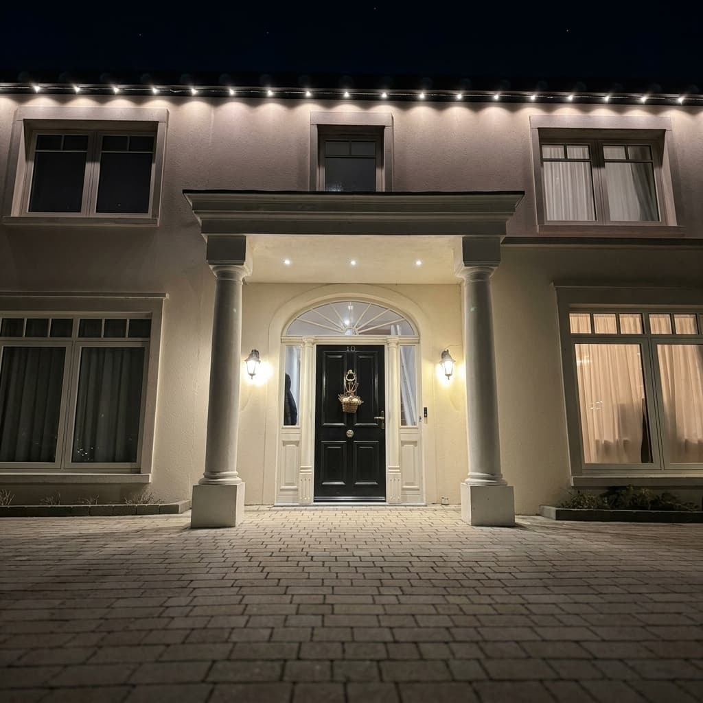 Grand portico canopy with classical columns beautifully lit at night